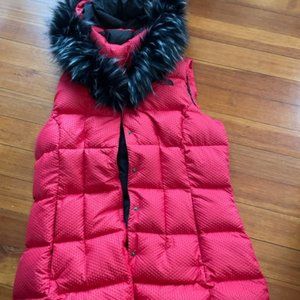 North Face Red Puffer Vest with removable fur trimmed hood